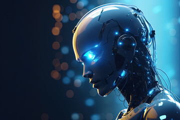 Poster - Android or cybernetic human with neon blue eyes. Sci-fi concept of futuristic cyberpunk robot