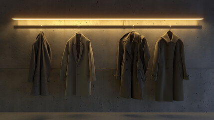 Four coats hanging on a rack with a warm light above.