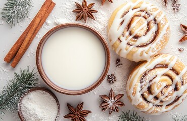 Two cinnamon rolls, white drizzle, milk, star anise