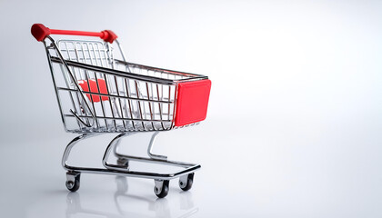 Empty shopping cart with red handle on side position provides copy space for text. background concept isolated white