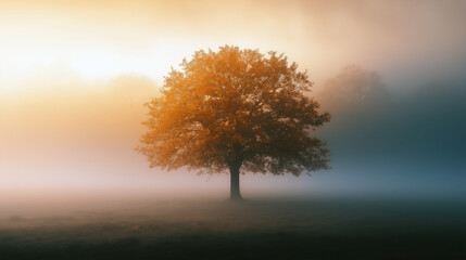 Wall Mural - A tree stands alone in a foggy field