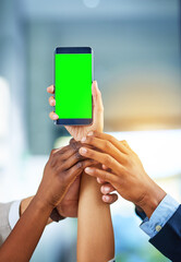 Poster - Group, hands and green screen with mobile phone for announcement, advertising or success. Business people, community and positive for support with technology, mockup space and team building in office