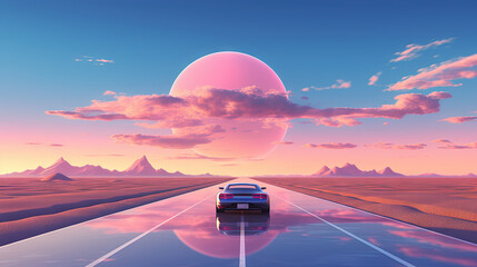 Poster - Car ride on the morning road in 80s retro synthwave or 00s vaporwave style.