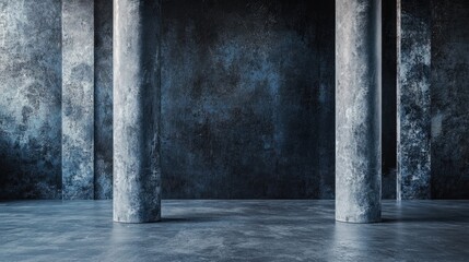 Creative marketing concept featuring abstract lighting in a dark hall with gray pillars and a blank concrete floor providing a backdrop for product presentation against a dark wall 3D rendering mo