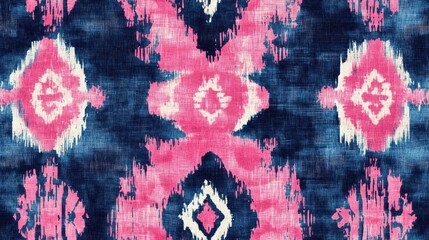 Poster - Boho Fabric with Seamless Tie Dye Illustration featuring an Abstract Ethnic Motif Pink and Blue Seamless Texture with Ikat Tribal Pattern