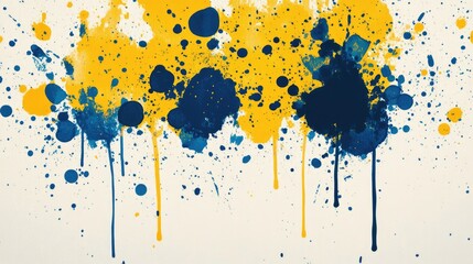 Poster - Golden Yellow And Blue Ink Overflow And Splatter Create Beautiful Stains On Textured Canvas Wallpaper Pattern Realistic Garnish Splash Overlay On White Paper