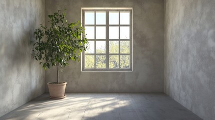 Poster - 3D rendering of a spacious vacant room featuring a window and a potted plant devoid of furniture and decorations