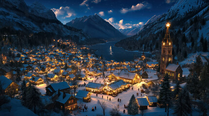 Panorama  Christmas Market Town at Night Festive Stores in Winter Village