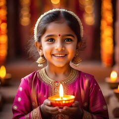 Adorable cute girl holding diya infront blurred tample as a background 