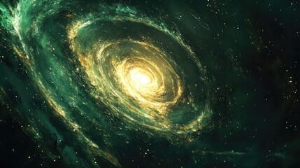 Poster - Vibrant green abstract background featuring a digital illustration of a spiral galaxy
