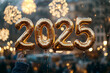 © Lara - 2025 golden balloon, Happy New Year, welcome 2025, the number '2025' with fireworks behind, people celebrating the new year
