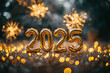 © Lara - 2025 golden balloon, Happy New Year, welcome 2025, the number '2025' with fireworks behind, people celebrating the new year