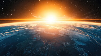Wall Mural - panoramic view of the earth and stars in a 3d cartoon rendering sunrise over the planet from a space