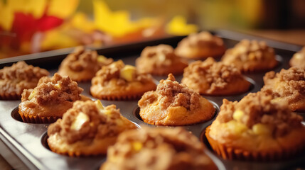 Closeup of a baking tray filled with freshly baked apple cinnamon streusel muffins