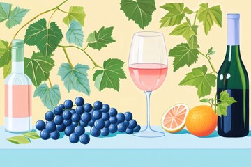 Illustration of traditional art featuring wine and grapes Wine is crafted from fermented grapes or various fruits