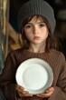 © Bargais - A sad young homeless girl holding a empty plate.