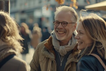 Senior couple in love walking in the street of a European city.