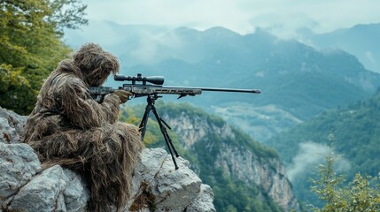 A sniper in camouflage on top of a mountain.