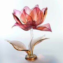 Poster - Elegant glass flower is standing on a reflective surface, its delicate petals glowing with light pink and yellow hues