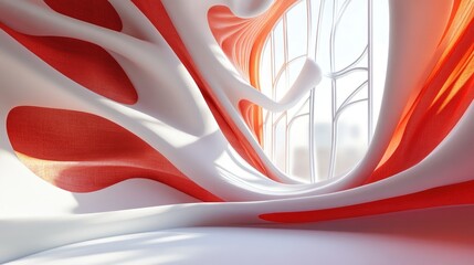 Poster - Abstract red and white parametric interior featuring a window in 3D rendering