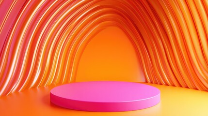 Poster - Pink circular podium on an orange abstract background 3D rendering