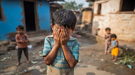 Sad Indian boy holding his face.