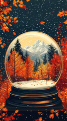 Wall Mural - Autumn tree inside a snow globe with autumn leaves illustration, Instagram story vertical banner