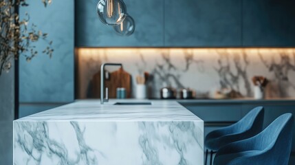 Poster - 3D rendering of a modern minimalistic kitchen with an empty white stone marble countertop featuring blue furniture and Provence decor in a stylish interior