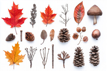 Wall Mural - Autumn elements collection, fall trees, seasonal leaves and plants, isolated on white