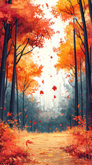 Wall Mural - autumn forest with colorful foliage illustration, Instagram story vertical banner