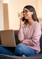 Poster - Happy, phone call and woman on laptop on sofa for communication, contact and networking. Home, freelance business and person on computer and smartphone for website, internet chat and conversation