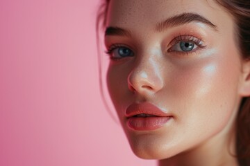 Young pretty girl with natural makeup on pink background. Beauty & Skin care concept