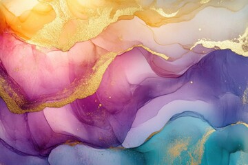 Poster - Creative ink artwork with alcohol ink method: whimsical and enchanting backdrop showcasing vibrant currents and shimmering gold tones. Perfect for prints and various design projects