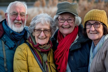 Group of senior friends on a walk in the park, smiling.