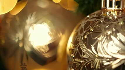 Wall Mural - Close-up of a Christmas ornament glowing with golden light, showcasing holiday decoration and festive warmth.