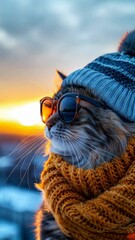 Poster - A cat wearing a hat and sunglasses looks out at the sunset. AI.