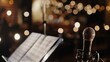 © Steve - Close-up of microphone on stand in soundproof recording studio, positioned in front of script stand, symbolizing voice acting and audio production.