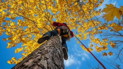 Wall Mural - Professional arborist in safety gear climbs a tree at autumn.