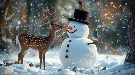 Winter wonderland, Snowman interacting with a curious reindeer in a snowy forest, with birds perched on its top hat and twig arms. Image made using Generative AI.