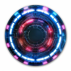 Poster - Round futuristic glowing technology panel with blue and purple lights is showing copy space in the center on a white background