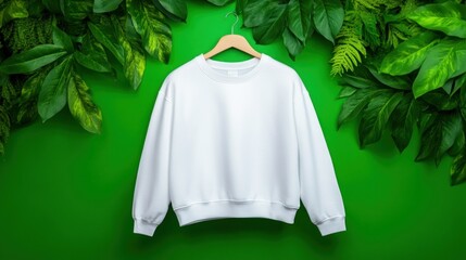 The white sweatshirt hangs elegantly on a wooden hanger, surrounded by lush green foliage that creates a fresh and vibrant atmosphere, showcasing a simple yet stylish apparel choice