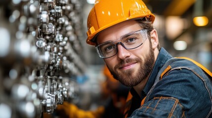 A young man wearing safety glasses and a hard hat is working diligently on complex machinery in a bright factory setting during the day, showing focus and dedication