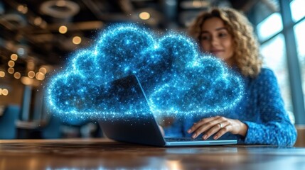 Poster - Business professional using cloud-based software on a laptop while collaborating with a remote team, symbolizing the flexibility and efficiency of digital tools