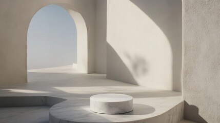Poster - A minimalist outdoor area showcases soft sunlight filtering through unique arches, highlighting smooth surfaces and clean lines in a tranquil environment, ideal for relaxation and reflection