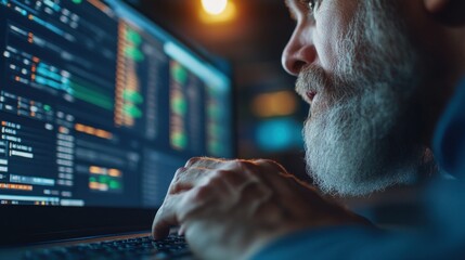 Poster - A focused analyst with a gray beard interacts with a laptop displaying financial data. The late-night setting emphasizes the importance of accuracy and diligence in financial analysis