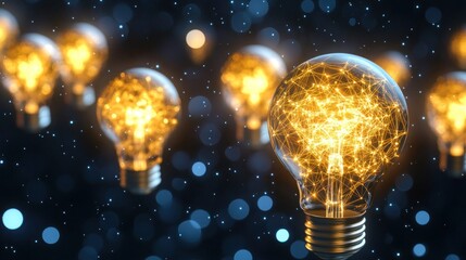 Fototapete - Multiple illuminated light bulbs float against a dark backdrop, revealing beautiful golden filament designs intertwined with small glowing dots that create a dreamy ambiance