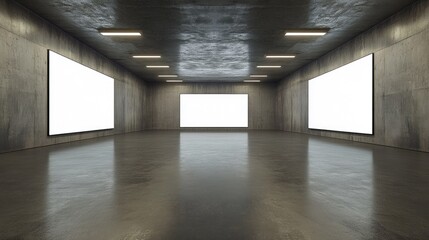 Poster - A modern art gallery features large blank screens on textured concrete walls, brightly lit above to highlight its contemporary, minimalist design