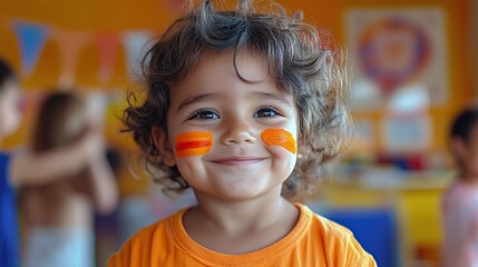 Smiling child with face paint in a colorful setting.