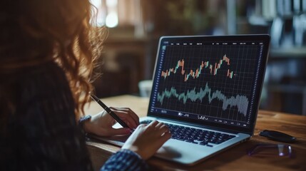 Poster - businesswoman deeply analyzing financial charts on her laptop in the office, focusing on data with a