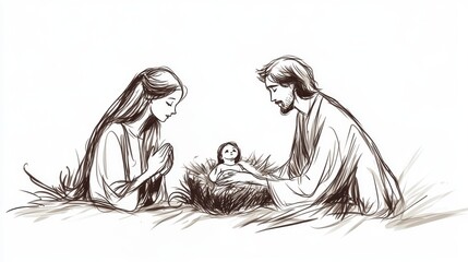 Sketch of Baby Jesus, Mary and Joseph in Bethlehem.